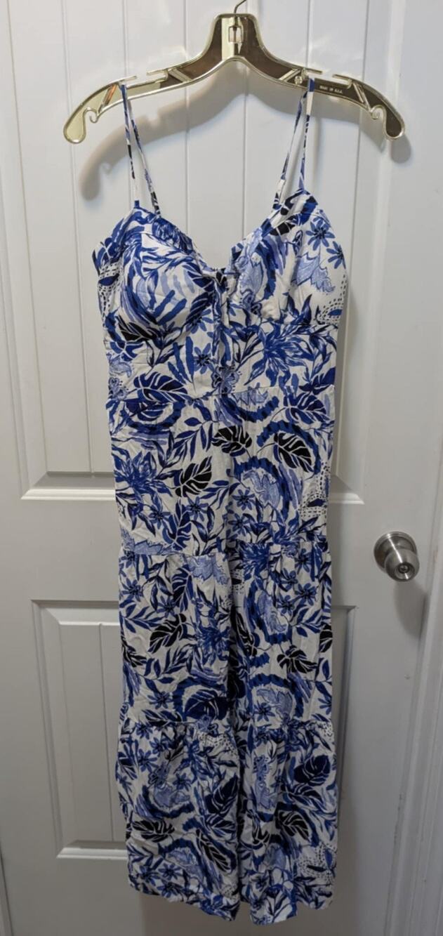 New Look Midi Dress Size M Hawaiian Floral Palm Print Blue White Travel Vacation